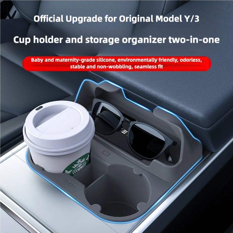 2-in-1 Silicone Cup Holder Insert & Storage Box for Tesla Model 3/Y Center Console