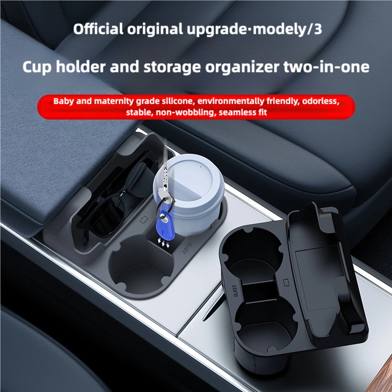 2-in-1 Silicone Cup Holder Insert & Storage Box for Tesla Model 3/Y Center Console